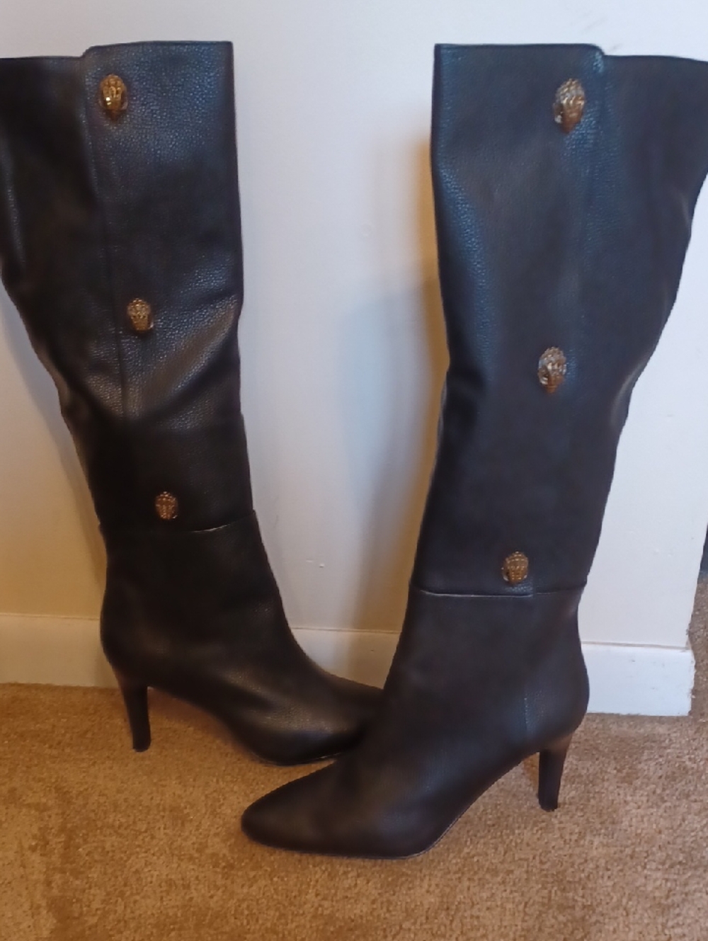 NEW Kurt Geiger Black Leather Knee-High Boots with Gold Button Accents